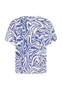 T-shirt à manches courtes, décontracté, en bleu et blanc, avec un motif abstrait en vagues. Fabriqué en tissu doux avec un col rond.