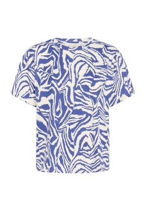 T-shirt s kratkimi rokavi, ohlapen kroj, v modri in beli barvi, z abstraktnim valovitim vzorcem. Narejena iz mehke tkanine s krojnim ovratnikom.