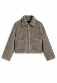 Brun texturerad jacka i ullblandning med hel dragkedja fram, vid krage, långa ärmar och två framfickor med påsydda lappar.