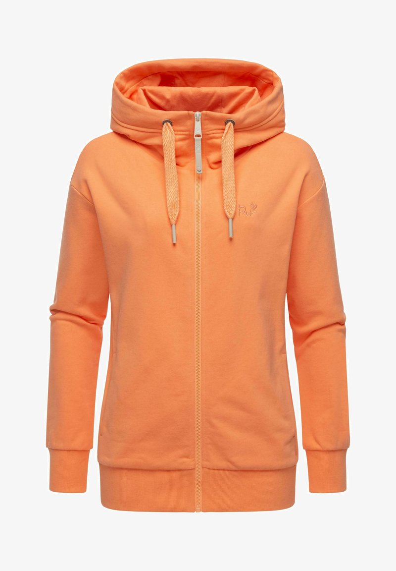 Veste à zip orange avec col montant, dotée de cordons de serrage, de manches longues et de poignets côtelés. Texture lisse et détail de logo discret sur la poitrine.