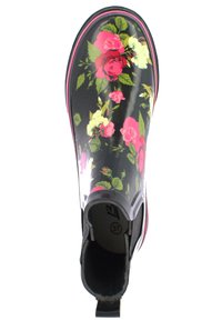 Black rubber ankle boot with pink and floral design, pull tab at the back, and textured sole. Size 37 printed inside.