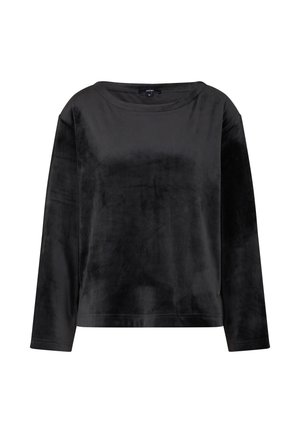 Haut noir à manches longues en velours doux, avec un décolleté rond et une coupe décontractée légèrement cropped.