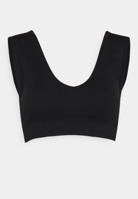 Bralette preta com um decote em V profundo, alças largas de tanque, design sem costuras e uma textura suave e ribateada. Estilo minimalista e cor sólida.