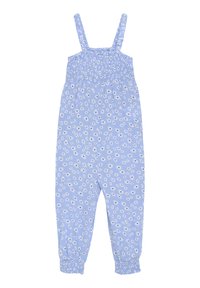 Ljusblå jumpsuit med blommönster, smockad byst och spaghettiband. Samlade manschetter vid anklarna, mjuk textur.