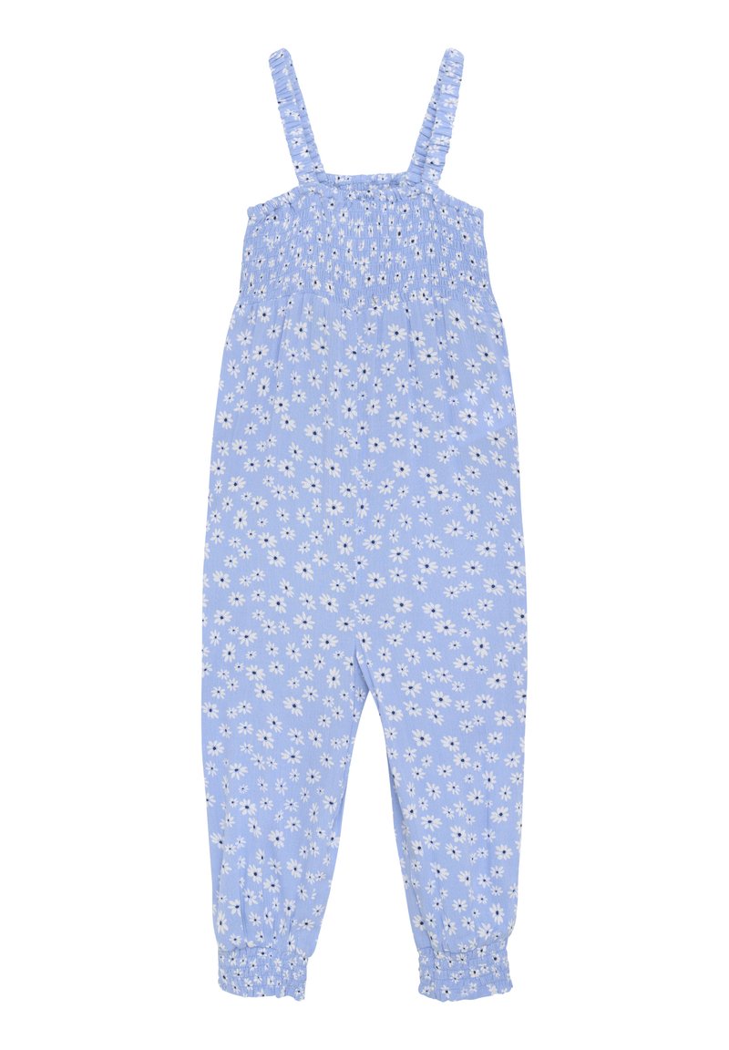 Ljusblå jumpsuit med blommönster, smockad byst och spaghettiband. Samlade manschetter vid anklarna, mjuk textur.