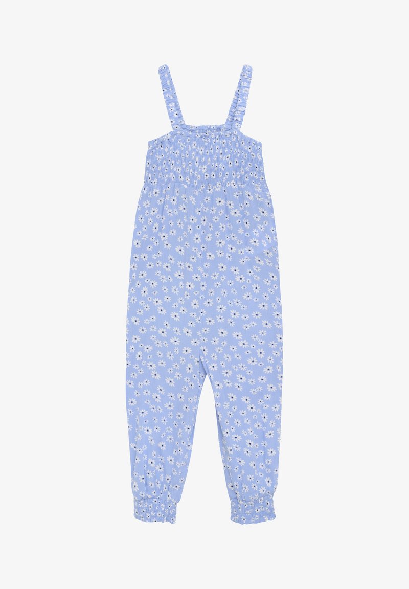 Hellblauer Jumpsuit mit floralen Mustern, gerüschtem Oberteil und Spaghettiträgern. Geraffte Bündchen an den Knöcheln, weicher Stoff.