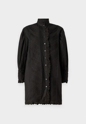 Schwarzes Langarmshirt mit hohem Kragen, strukturiertem Stoff, kunstvollen Mustern, geknöpftem Vorderteil und Rüschenelementen an den Ärmelbündchen und dem Saum.