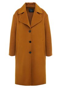 Verbrande oranje wollen jas met een uitgesneden kraag, knoopsluiting aan de voorkant, twee zijzakken en een rechte snit. Zwarte knopen zorgen voor contrast.