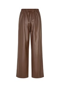Braune Kunstleder-Hosen im weit geschnittenen Stil mit elastischem Bund und glatter Textur, die einen lockeren Sitz bieten und keine zusätzlichen Verzierungen aufweisen.