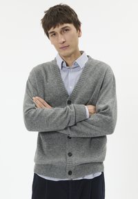 Mladý muž s krátkymi hnedými vlasmi má na sebe šedú zapínaciu cardigan nad pruhovanou košeľou, stojí so založenými rukami na bielom pozadí.