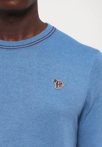 Un homme porte un pull en tricot bleu clair avec un petit patch zèbre coloré brodé sur la poitrine gauche et des doubles rayures sombres sur le col.