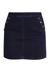 Mini gonna in denim scuro con taglio dritto, dotata di bottoni color argento ai lati e orlo pulito. Tessuto liscio e design aderente.