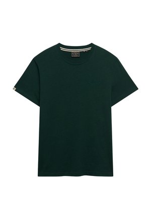 Mørkegrøn kortærmet bomulds T-shirt med rund hals, lille broderet logo på brystet og en stofmærke på venstre ærmekant.