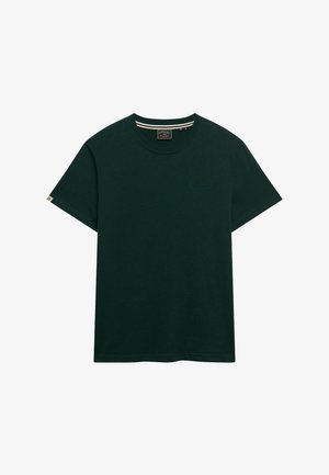 Mørkegrøn kortærmet bomulds T-shirt med rund hals, lille broderet logo på brystet og en stofmærke på venstre ærmekant.