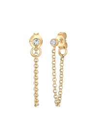 Orecchini d'oro con due impostazioni circolari, ciascuna decorata con un cristallo trasparente. Collegate da fini catene, mostrano un design delicato.