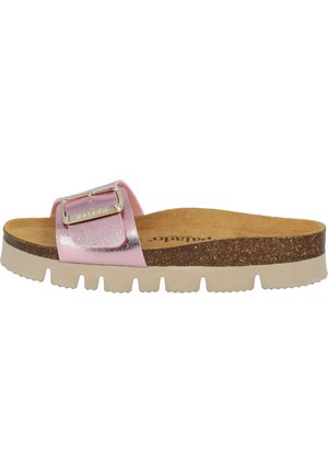 Pink metallic slide sandal with a rectangular buckle, cork footbed, and flexible light-colored midsole featuring notched edges.
