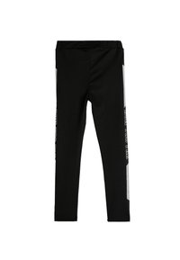 Svarta leggings i stretchmaterial med hög midja, sidopaneler i grått och vit text längs sidan för varumärkesprofilering.