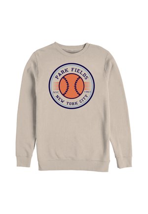 Beżowa bluza z okrągłą pomarańczową grafiką baseballową i napisem „Park Fields New York City NYC 1961” w granatowym i niebieskim kolorze.