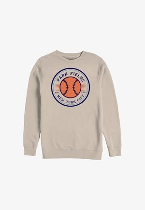 Beżowa bluza z okrągłą pomarańczową grafiką baseballową i napisem „Park Fields New York City NYC 1961” w granatowym i niebieskim kolorze.