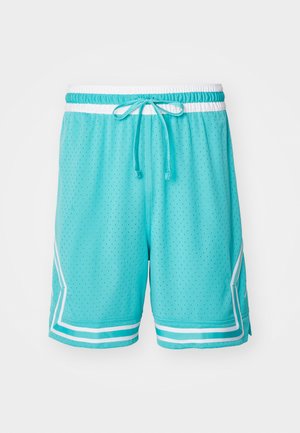 Turkise træningsshorts med en mesh-textur, hvid snor og hvide sidedele. Har et åndbart design med perforeringer.