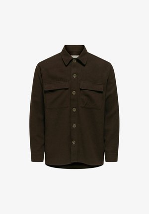 Bruine button-up shirt van stof, met een puntige kraag, twee borstzakken, zes knopen en lange mouwen. Ontwerp met vlakke zoom.