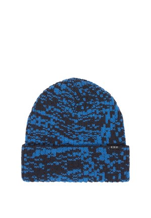 Gestrickte Mütze mit umgeschlagenem Bündchen in schwarzem und blauem pixeligem Muster, mit einem kleinen "ESP"-Etikett am Rand des Bündchens.