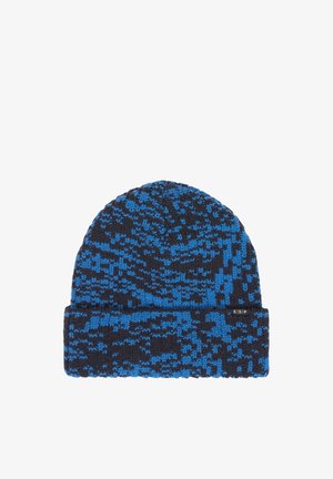 Knitted beanie hat with a folded cuff in black and blue pixelated pattern, featuring a small "ESP" tag on the cuff's edge.
