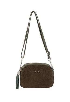 Brown suede crossbody bag with a zip closure, silver hardware, and a decorative tassel. Features a long, adjustable strap for versatility.