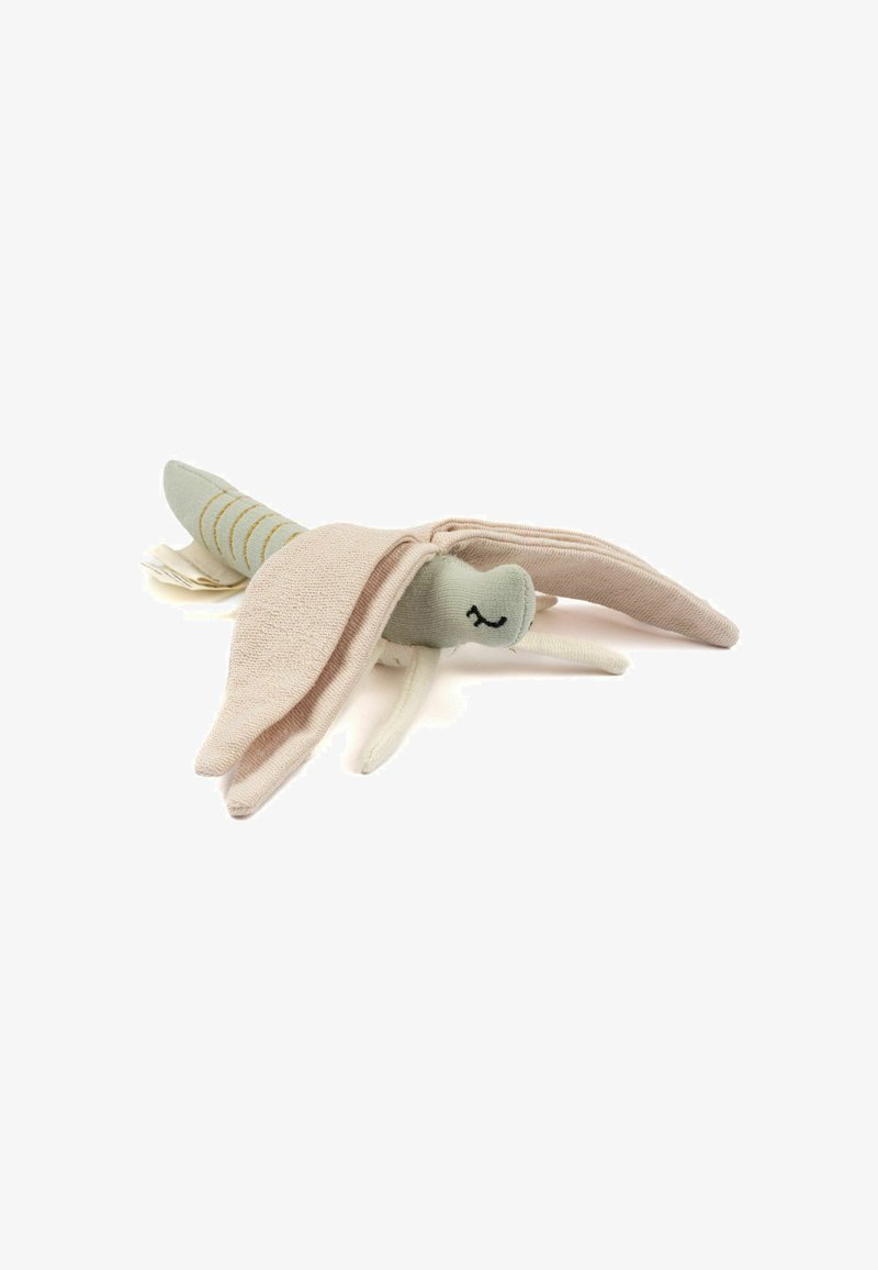 Fyldt insekt legetøj med en lys rosa stofkrop og grønne detaljer, der har syede elementer og en blød tekstur for taktil interaktion.