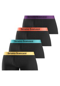 Mustat bokserit neljässä eri versiossa, joissa on joustavat vyötärönauhat purppuran, oranssin, turkoosin ja keltaisen sävyissä ja joissa on "bruno banani" -merkkiteksti.