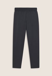 Pantalon noir, extensible, avec une taille élastique. Texture lisse, design fuselé, sans motifs ni accents visibles.