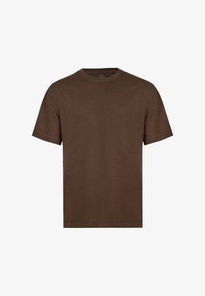 Maglietta in cotone marrone, con colletto rotondo, maniche corte, texture morbida, design minimalista senza motivi o dettagli hardware visibili.