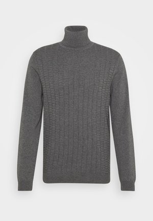 Pull à col roulé pour homme de couleur gris foncé, à manches longues, avec un motif en maille côtelée verticale sur le devant, ainsi que des poignets et un ourlet côtelés.