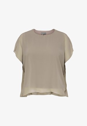 Blusa beige holgada de manga corta con escote redondo, bajo con capas y tejido ligero y semitransparente.