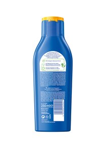 Sunscreen bottle, blue plastic, oval shape, yellow flip cap. Back label shows usage instructions and ingredient list. Capacity: 250 ml.