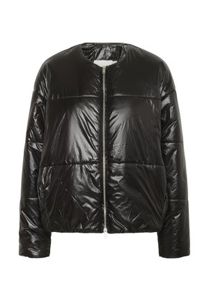 Must läikiva viimistlusega puffer-jakk, ümar kaelus ja ees lukuga. Omadused hulknurkne siluett ja õmmeldud paneelide disain.