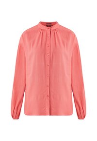 Korálová blůza s dlouhými rukávy, stojáčkovým límcem, sklady a zapínáním na knoflíky v přední části. Lehký, hladký materiál a volný střih.