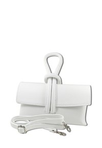 White leather handbag with a textured surface, fold-over flap, and a long detachable strap. Features a loop handle and contrast stitching.