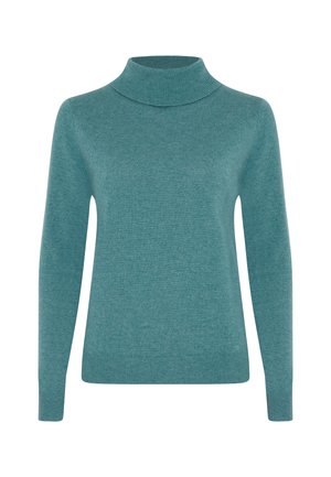 Maglione a collo alto color teal realizzato in tessuto morbido e liscio. Presenta maniche lunghe e un colletto a coste. Design semplice e classico senza motivi.