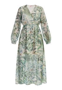 Rochie lungă, vaporoasă dintr-un material transparent cu un imprimeu cu frunze tropicale în nuanțe de verde și albastru. Are un decolteu tip înfășurare și mâneci lungi, elasticizate.