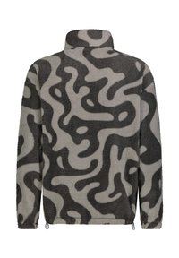 Fleece-Pullover in Grau mit schwarzem abstraktem Muster, ausgestattet mit hohem Kragen, langen Ärmeln und einem verstellbaren, gerafften Saum für eine individuelle Passform.