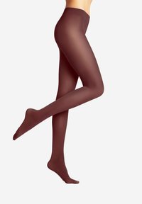 Collant trasparenti color bordeaux con una texture liscia, fascia alta in vita e punta chiusa, mostrati su una gamba in una posa dinamica su uno sfondo neutro.