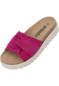 Sandalo con tacco in suede fucsia, con design a cinturino annodato, soletta imbottita beige e suola in gomma bianca con motivo testurizzato per una presa migliore.