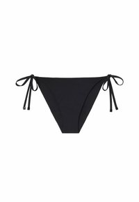 Černý bikini spodek vyrobený z hladkého materiálu, s nastavitelnými šňůrkami na bocích a klasickým střihem, vhodný pro různé typy postav.