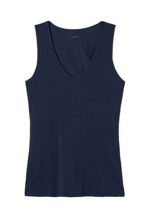 Navy blue sleeveless tank top with a deep V-neck, made from soft, lightweight fabric. Smooth texture, no patterns or embellishments.