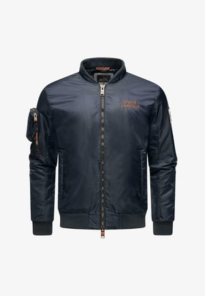 Jachetă bomber de marină, realizată din nailon neted. Prezintă un fermoar frontal, manșete încrețite și un logo portocaliu pe piept, cu un buzunar pe un mânecă.