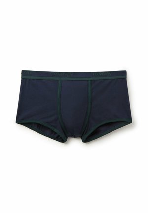 Bóxer de hombre en azul marino con cinturilla y ribete en verde elástico, que presenta un bolsillo delantero y detalles de costura en contraste.