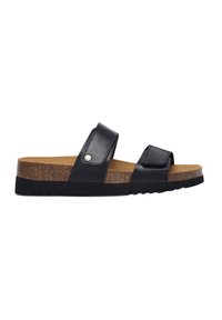 Infradito in pelle nera con due cinturini regolabili, una soletta in sughero e una suola in gomma nera strutturata. Design a piattaforma bassa.