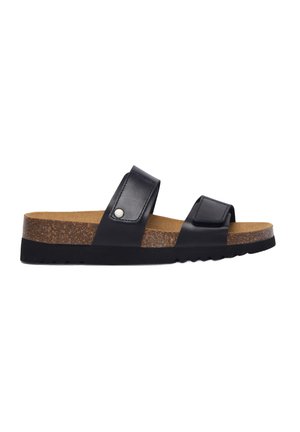 Infradito in pelle nera con due cinturini regolabili, una soletta in sughero e una suola in gomma nera strutturata. Design a piattaforma bassa.