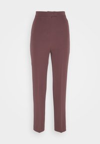 Pantalon marron taille haute à jambe droite avec fermeture devant par bouton et zip, présenté sur un fond blanc uni.